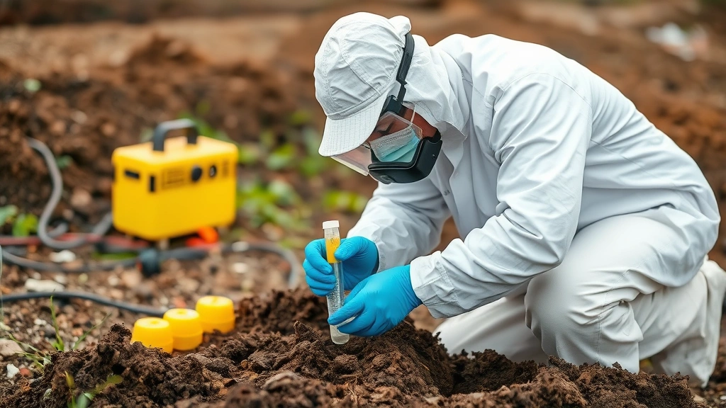 Soil scientist collecting contaminated soil sample in protective gear at remediation site with testing equipment visible, showing practical environmental assessment and cleanup verification work