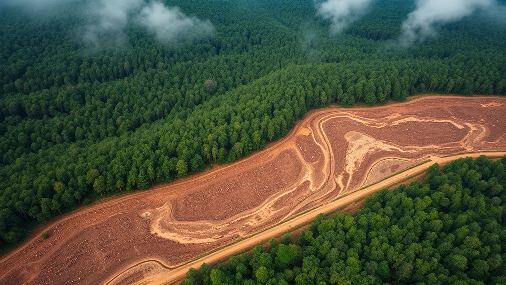 Aerial view of deforestation boundary showing lush green forest transitioning to cleared brown earth with logging roads, morning mist rising from remaining canopy, photorealistic natural lighting