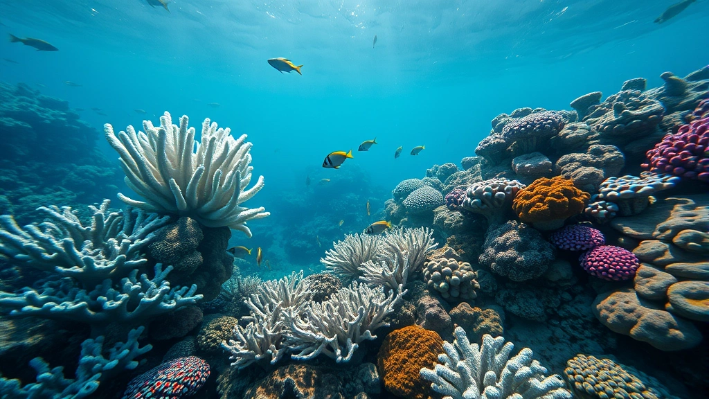 Underwater coral reef ecosystem showing bleached white corals alongside healthy colorful corals, tropical fish swimming, sunlight filtering through water, photorealistic marine environment
