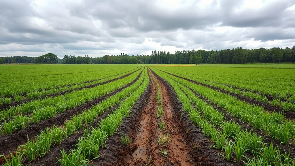 Agricultural landscape showing monoculture crop field in foreground with erosion gullies visible, forest remnants in background, cloudy sky, photorealistic soil and vegetation detail