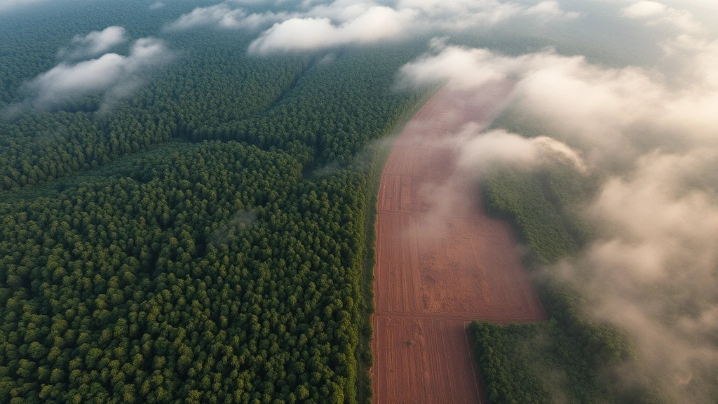 Aerial view of deforestation boundary showing dense rainforest transitioning to cleared agricultural land, stark contrast between green and brown earth, morning mist over forest canopy, photorealistic satellite perspective