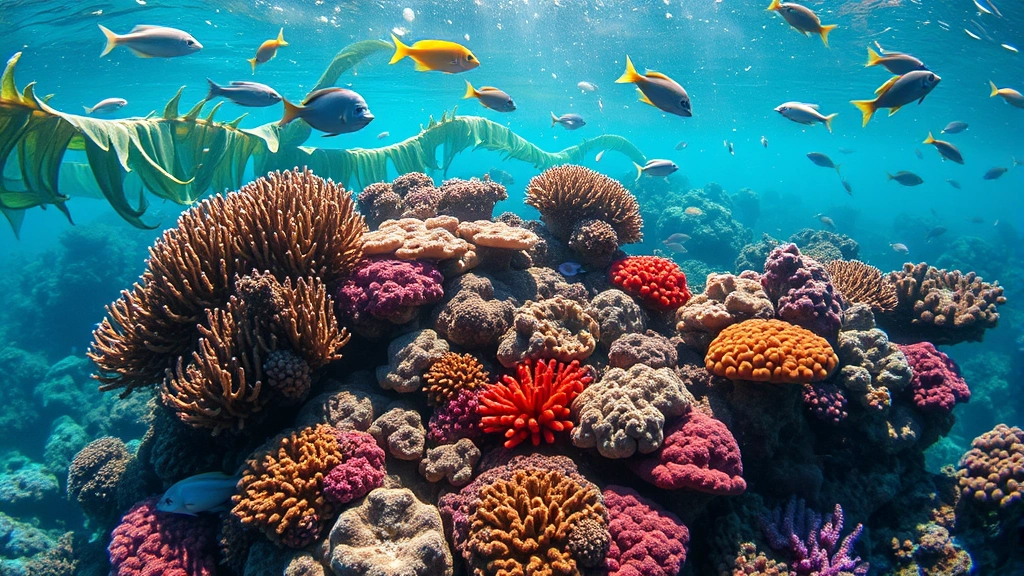 Underwater coral reef ecosystem with vibrant corals, diverse fish species, kelp forests swaying with water movement, sunlight filtering through water, healthy marine biodiversity, photorealistic ocean photography