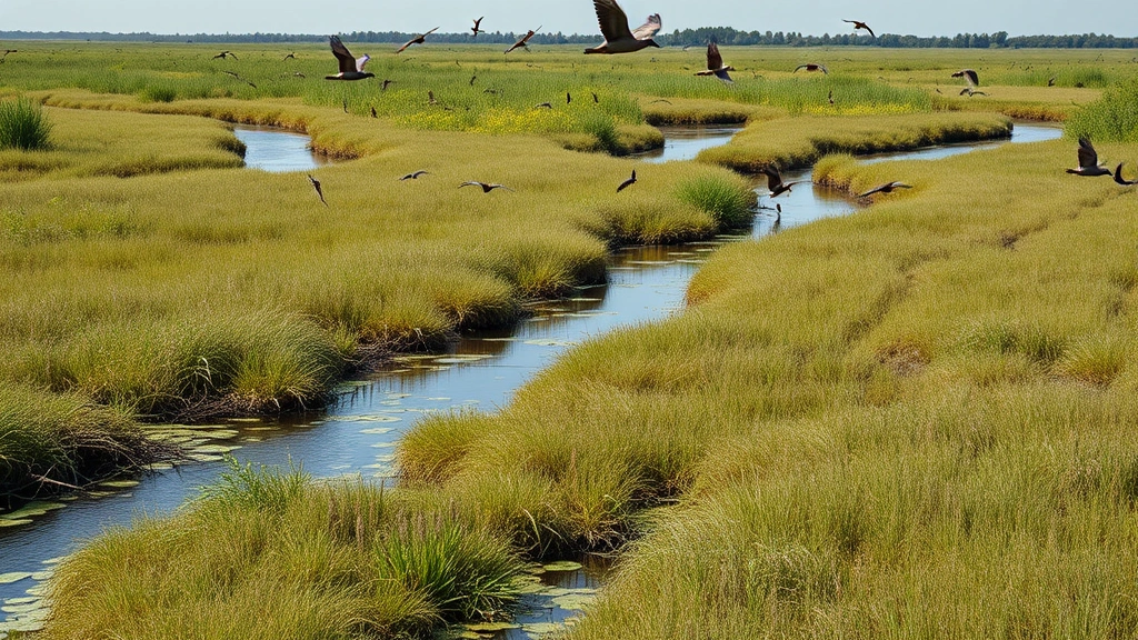 Restored wetland landscape with native vegetation, water channels, migratory birds in flight, dragonflies over water, natural succession recovery, diverse plant growth, photorealistic wetland ecosystem