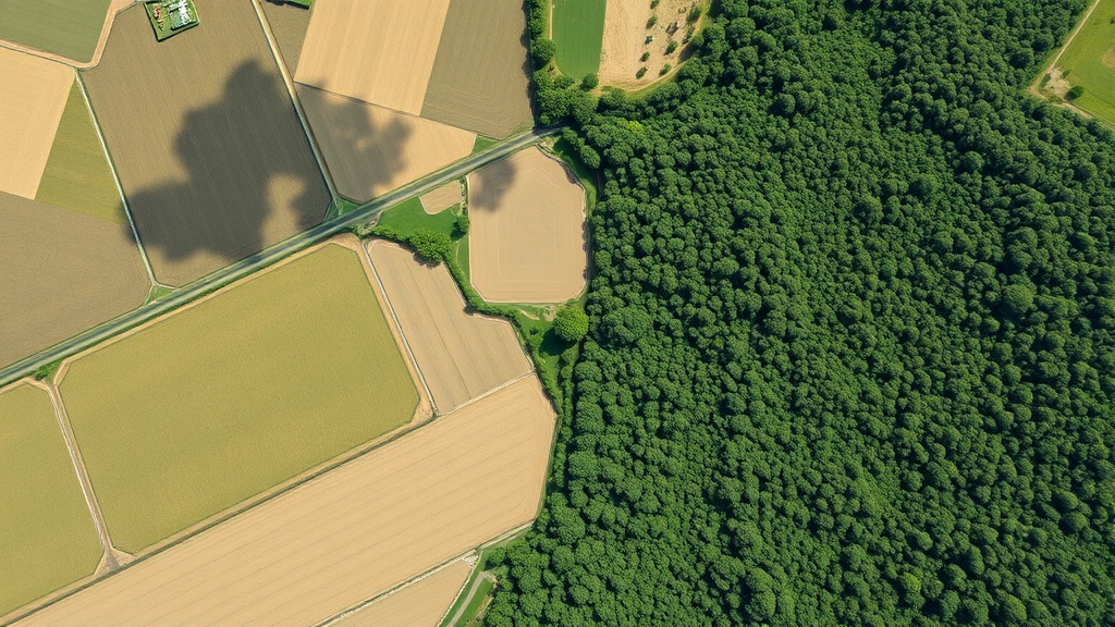 Aerial view of agricultural landscape transitioning from monoculture crop fields to diverse forest canopy, showing clear boundary between economic land use and natural ecosystem