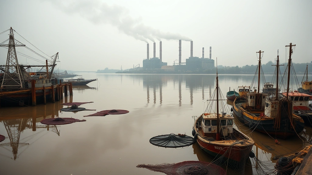 Industrial waterfront facility with smokestacks reflected in murky river water, fishing nets and boats idle in polluted harbor, demonstrating pollution externalities