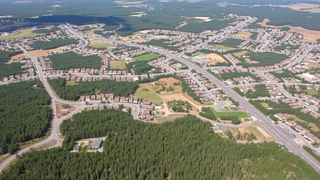 Sprawling suburban development spreading across previously forested terrain with fragmented habitat patches, roads and construction equipment visible, showing urbanization impacts