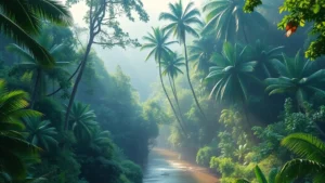 Lush intact tropical forest canopy with diverse wildlife, misty morning light filtering through dense green vegetation, healthy river flowing through forest ecosystem, photorealistic nature landscape
