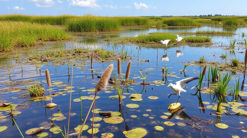 Wetland ecosystem with water, reeds, and bird life, clear water reflecting sky, diverse plant growth, natural wetland restoration showing ecological recovery, vibrant ecosystem health