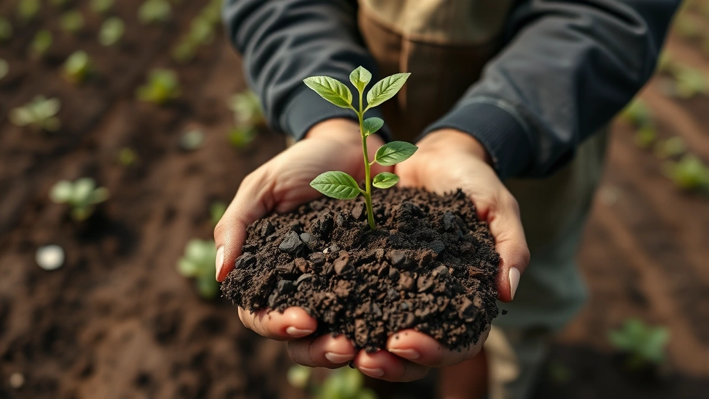 Hands holding rich dark soil with plant seedling, sustainable agriculture field in background, soil health and ecosystem restoration, worker engaged in environmental restoration project, earth and growth