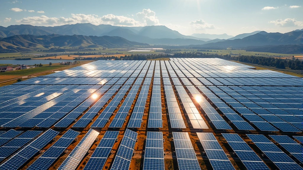 Aerial view of sprawling renewable energy solar farm with mountains in background, showing thousands of photovoltaic panels reflecting sunlight, photorealistic high resolution, no text or labels, natural lighting