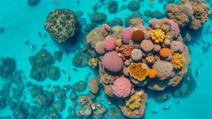 Aerial view of vibrant coral reef teeming with colorful fish and marine life, crystal clear turquoise water, healthy ecosystem demonstrating biodiversity and natural economic value