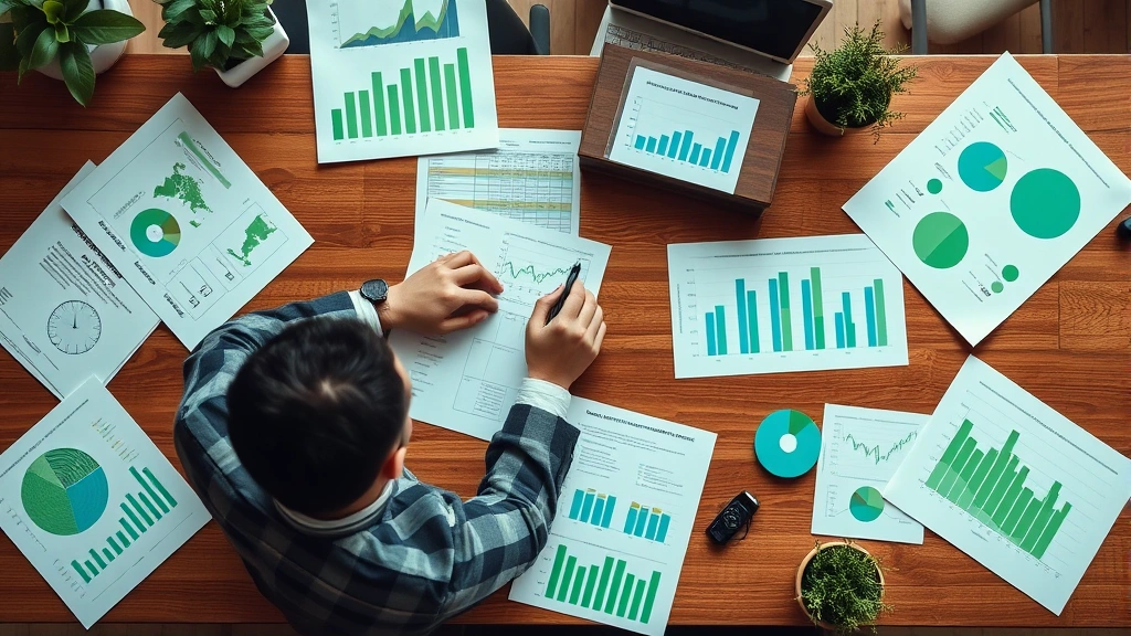 Overhead shot of banker analyzing green finance data on wooden desk surrounded by ecological charts, documents, and sustainable investment reports, professional office setting with natural light, no visible text