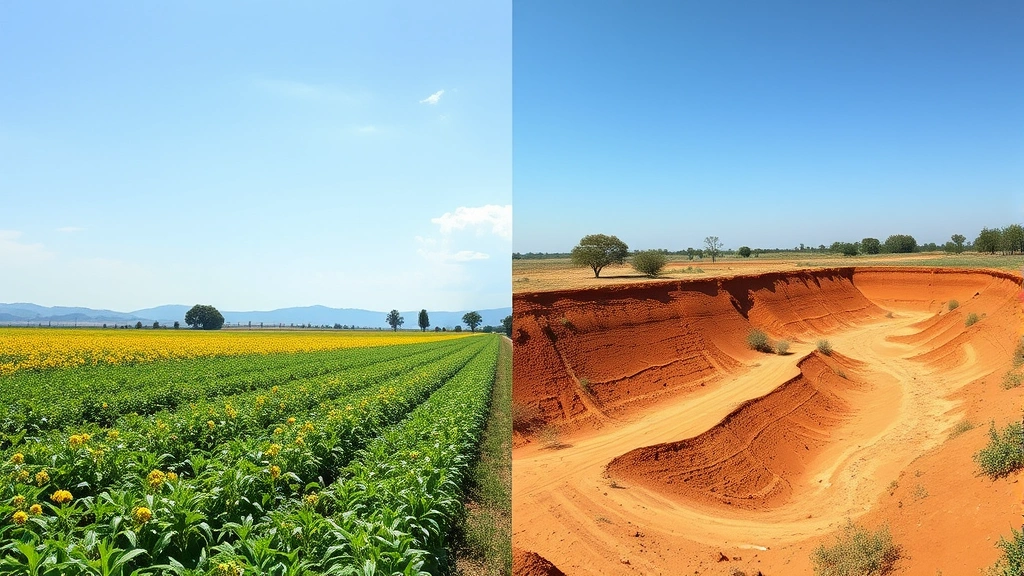 Split-screen comparison showing lush productive agricultural field with diverse crops and pollinators on left, degraded barren soil with erosion gullies on right, illustrating ecosystem collapse economic impact