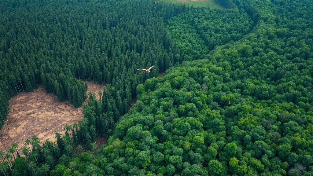 Aerial view of clear-cut forest transitioning to lush green forest, showing stark contrast between deforestation and intact ecosystem, diverse tree canopy with birds in flight, photorealistic natural landscape