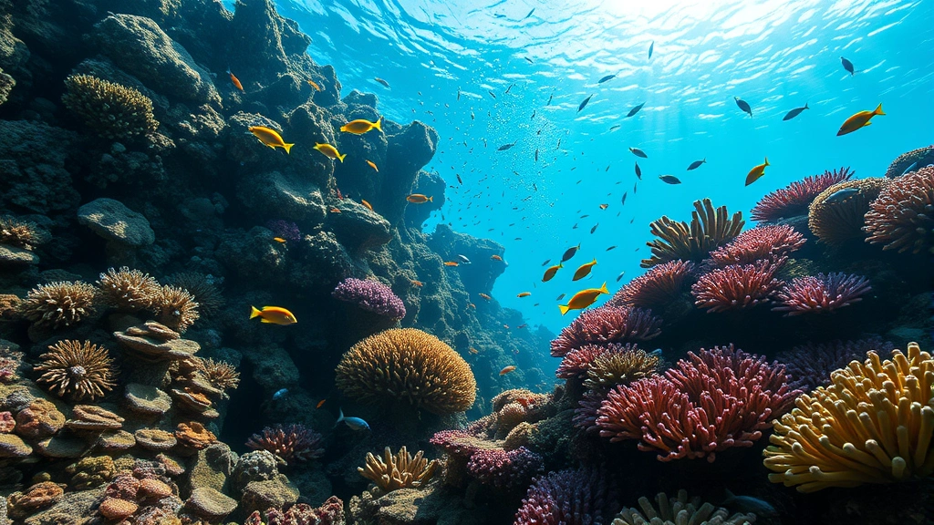 Underwater coral reef ecosystem with vibrant fish species and healthy corals, sunlight filtering through water, showing biodiversity and ecological complexity, photorealistic marine life photography
