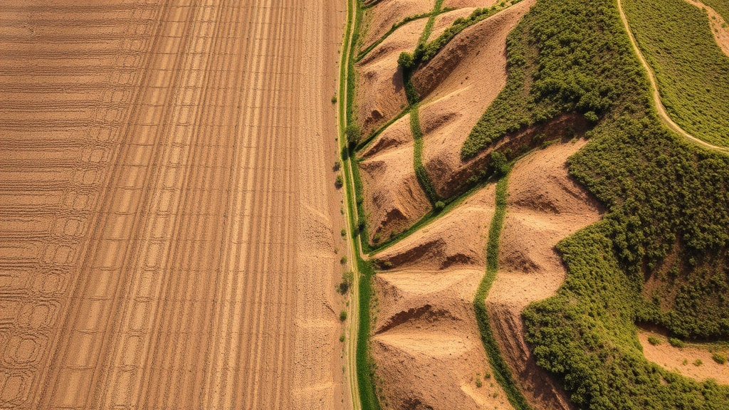 Aerial view of eroded gully formations in tilled agricultural field contrasting with intact vegetation-covered slopes, showing dramatic landscape damage from conventional farming practices