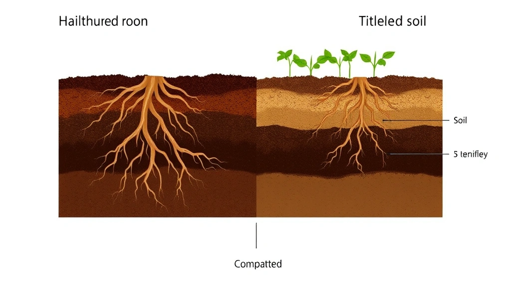 Cross-section diagram visualization of healthy undisturbed soil with rich brown color and visible root networks compared to compacted tilled soil with reduced structure and pale appearance