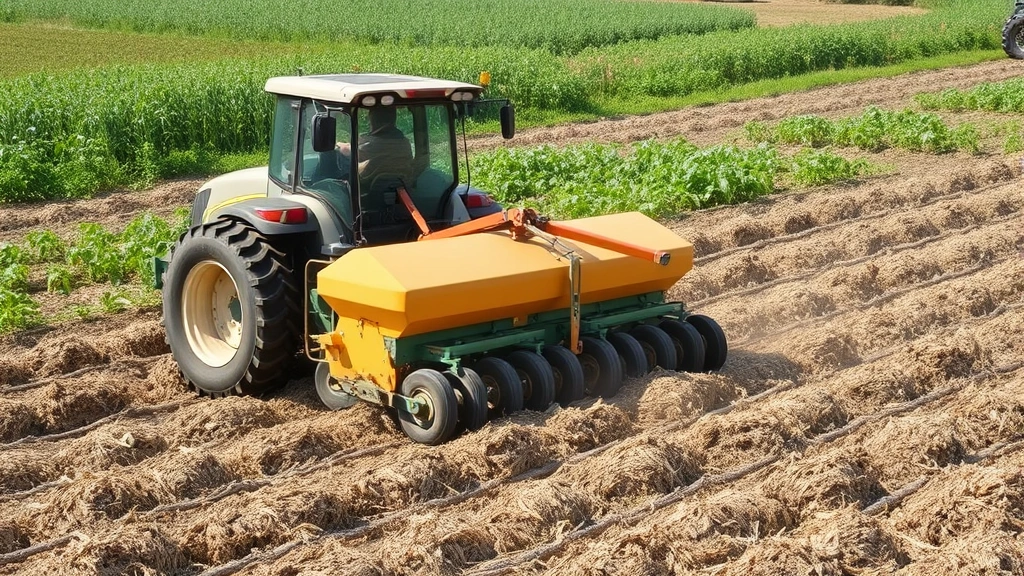 Farmer operating no-till seeder through previous crop residue mulch, showing conservation agriculture equipment and practice with green vegetation in background and healthy soil visible