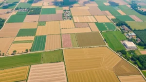 Aerial view of agricultural fields showing crop patterns, water irrigation systems, and natural landscape transitions, photorealistic, natural lighting, no text or labels
