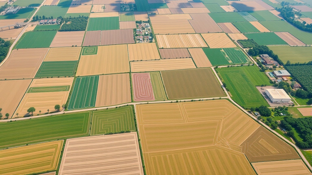 Aerial view of agricultural fields showing crop patterns, water irrigation systems, and natural landscape transitions, photorealistic, natural lighting, no text or labels