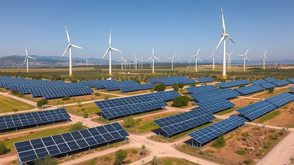 Industrial renewable energy installation with solar panels and wind turbines across landscape, demonstrating sustainable infrastructure integration with natural environment, photorealistic, no text