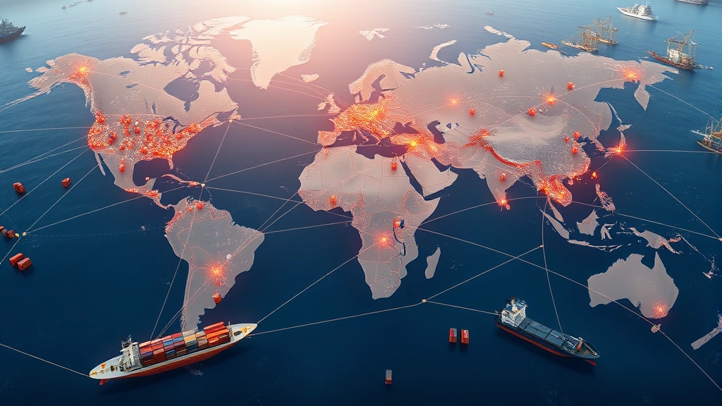 Global supply chain visualization showing interconnected shipping containers, cargo vessels, and distribution networks across diverse coastal and industrial regions, photorealistic, no text or data labels