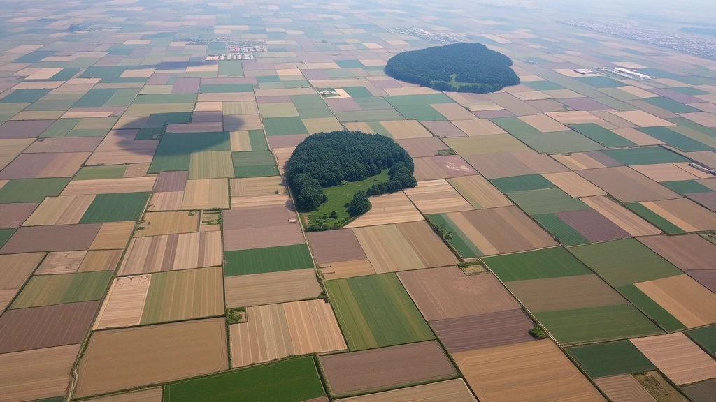 Aerial view of patchwork agricultural fields showing neat geometric patterns and industrial monoculture farming with irrigation systems, contrasting with small patches of natural forest in the distance