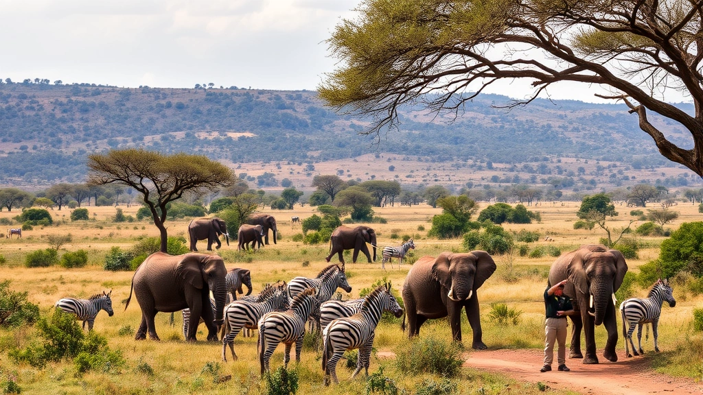 Protected wildlife reserve with diverse ecosystem showing elephants, zebras, and birds in natural habitat with conservation rangers monitoring the landscape from a distance