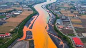 Aerial view of polluted river with vibrant textile dye colors flowing through industrial factory area surrounded by fields and villages, showing environmental contamination from fashion manufacturing