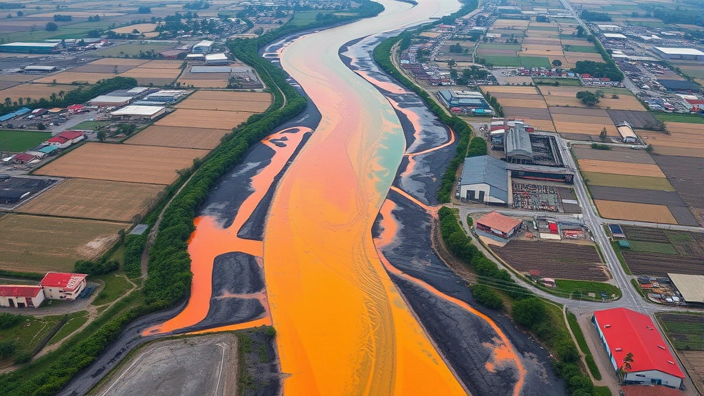 Aerial view of polluted river with vibrant textile dye colors flowing through industrial factory area surrounded by fields and villages, showing environmental contamination from fashion manufacturing