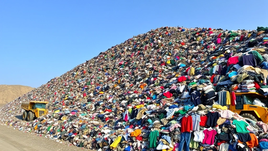 Mountain of discarded colorful clothing and textile waste in massive landfill site with heavy machinery, demonstrating scale of fast fashion disposal crisis and environmental accumulation
