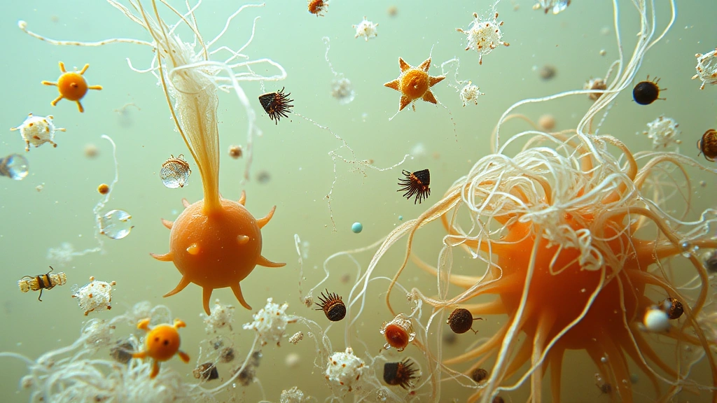 Close-up of microplastics and synthetic fibers suspended in ocean water with marine organisms, showing microscopic pollution from textile manufacturing and garment washing cycles