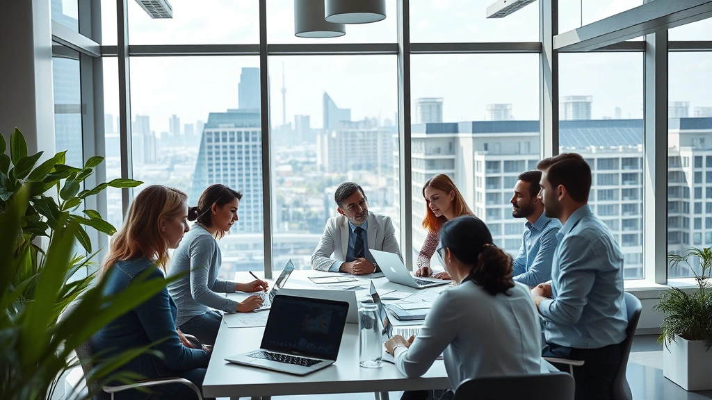 Busy professionals collaborating in a modern office with natural lighting, green plants, and large windows overlooking a cityscape with solar panels on buildings, people actively engaged in discussion around a table with laptops and documents, representing dynamic economic activity
