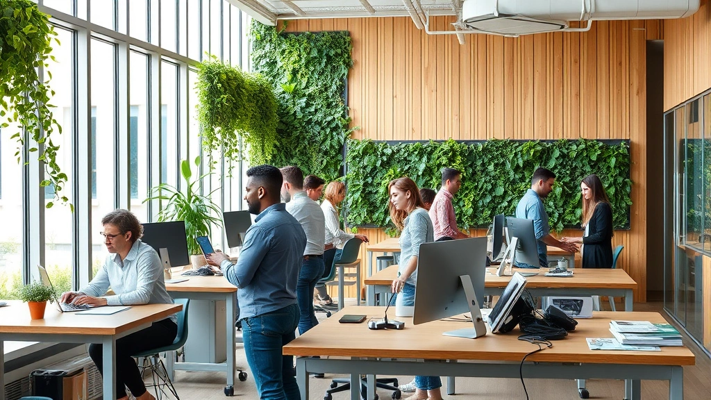 Diverse professionals of various backgrounds working at standing desks in a contemporary workspace with living green walls, natural wood elements, and minimalist design, showing focus and productivity with technology integration, bright natural daylight streaming through floor-to-ceiling windows