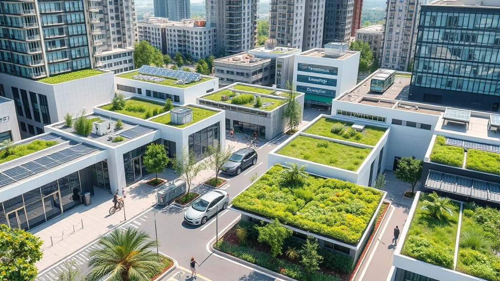Urban landscape showing sustainable business district with renewable energy infrastructure, green rooftops with vegetation, electric vehicles charging, bicycle lanes, and pedestrians walking among modern eco-conscious buildings, representing thriving fast-paced economic environment with environmental responsibility