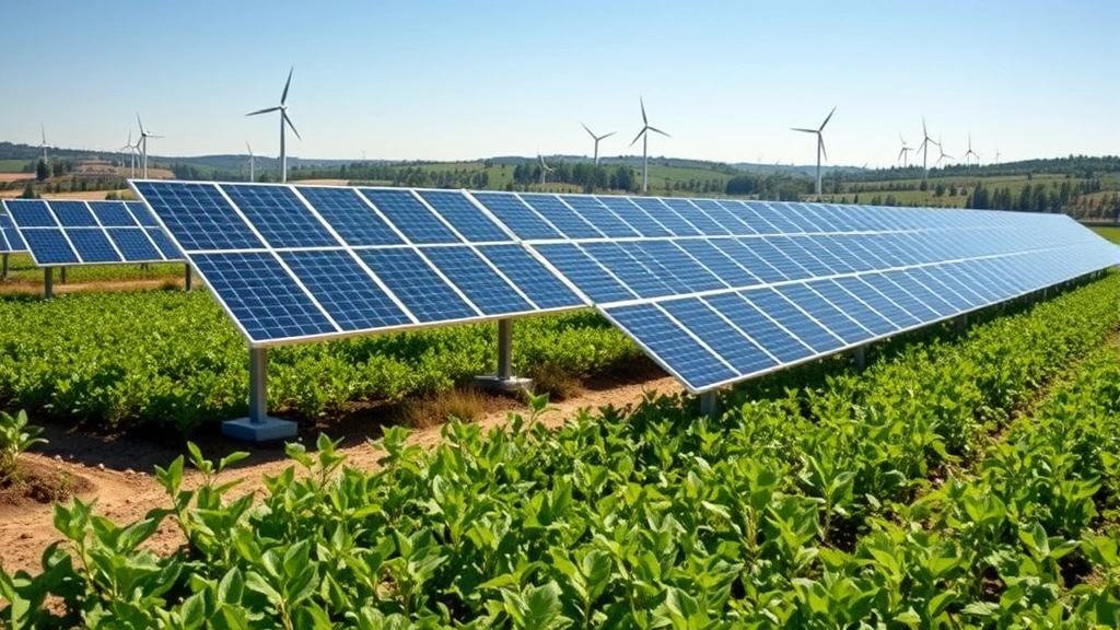 Renewable energy solar panels integrated into agricultural landscape with crops growing beneath, wind turbines in distant background, sustainable coexistence of energy and farming, bright daylight