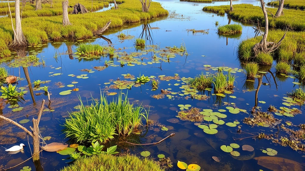 Restored wetland ecosystem with water, native vegetation, and wildlife, showing ecological regeneration and natural beauty, soft natural lighting, photorealistic nature photography