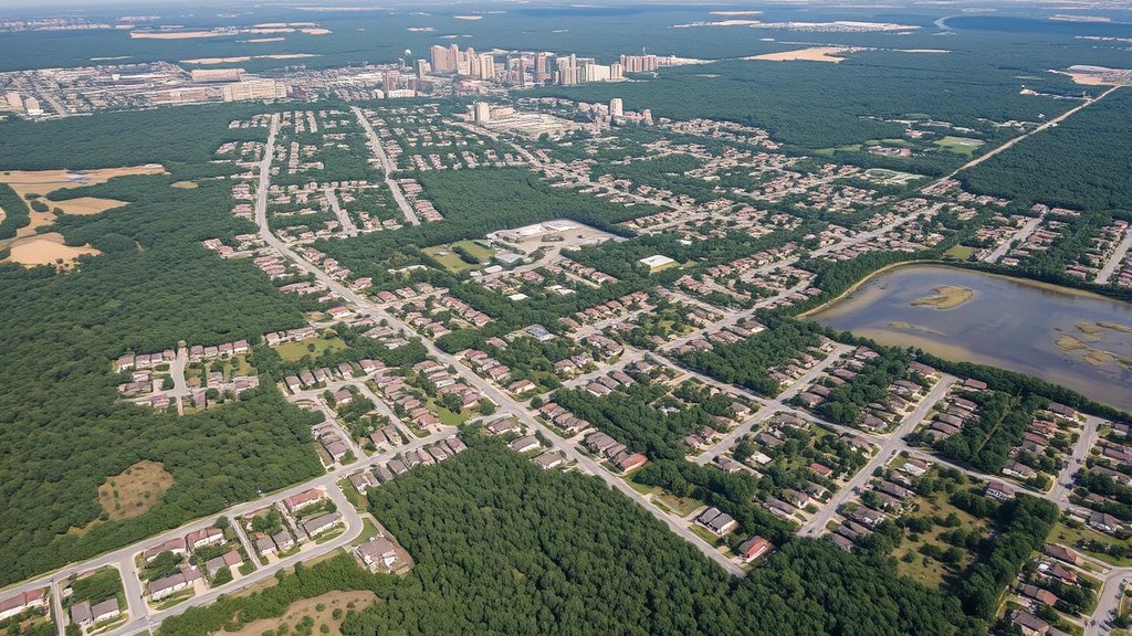 Aerial photograph of sprawling suburban development encroaching on forest and wetland ecosystems, showing clear boundary between natural vegetation and residential construction, midday lighting