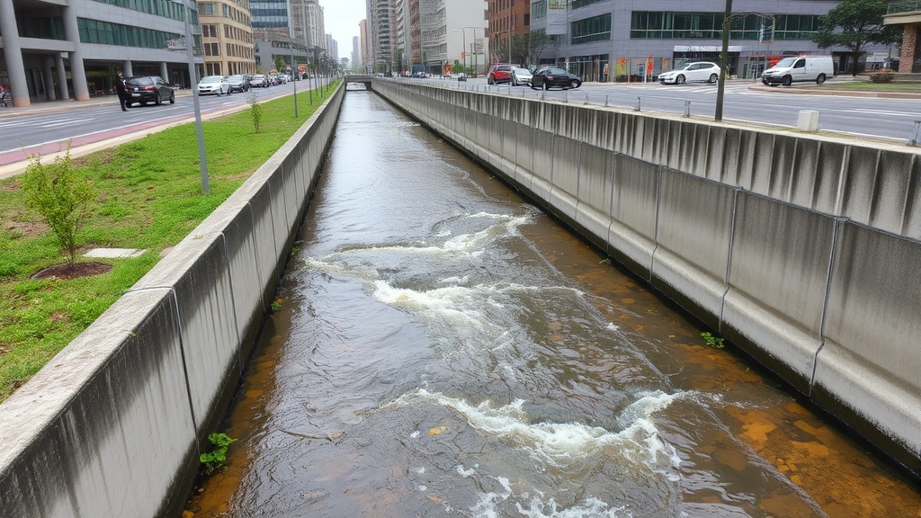 Urban stream flowing through concrete channel surrounded by buildings and pavement, water visibly discolored from pollution and stormwater runoff, with minimal vegetation visible