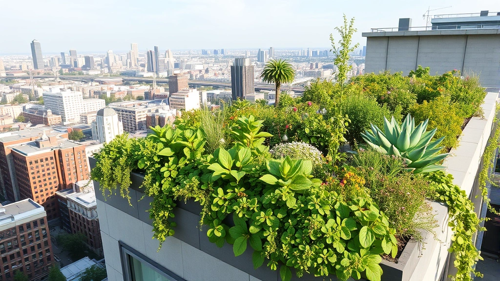 Green rooftop garden on modern building with native plants, birds, and insects, overlooking cityscape, demonstrating urban biodiversity restoration and habitat creation