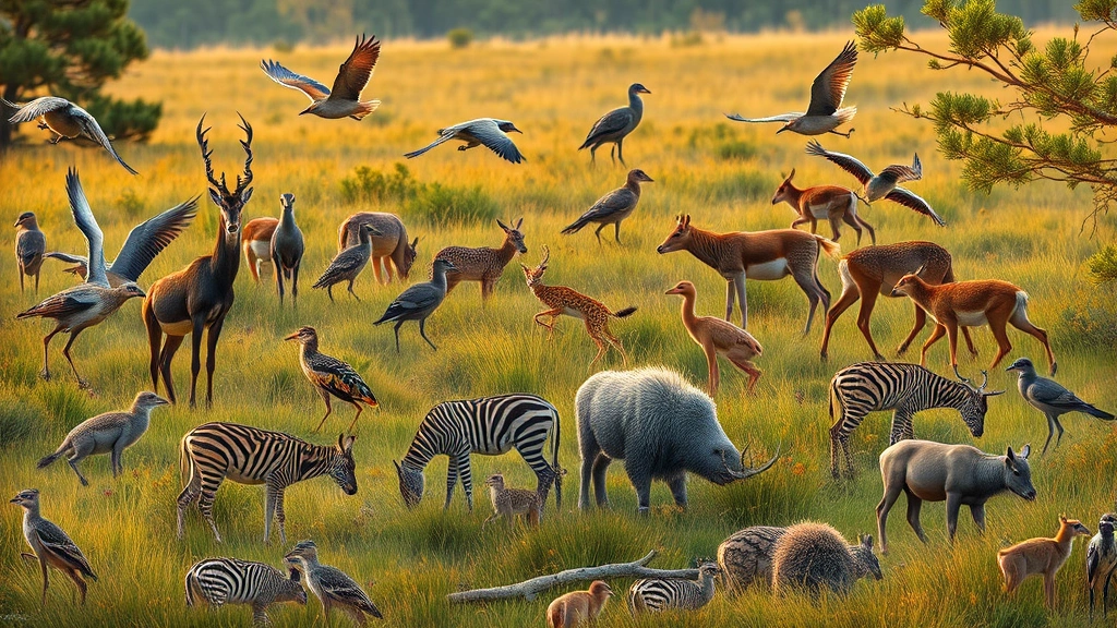 A diverse group of wild animals—including birds, mammals, and insects—in a dynamic natural landscape showing signs of climate adaptation, with some species in transitional habitats between forest and grassland, photorealistic wildlife photography, warm golden hour lighting, no text or labels