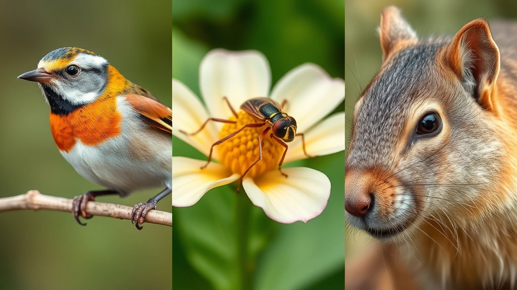 Close-up of wildlife adapting to environmental pressure: a bird with modified plumage colors, an insect on a flowering plant, and a mammal in mixed habitat, showing behavioral and physiological adjustments, scientific nature photography, clear daylight, no annotations