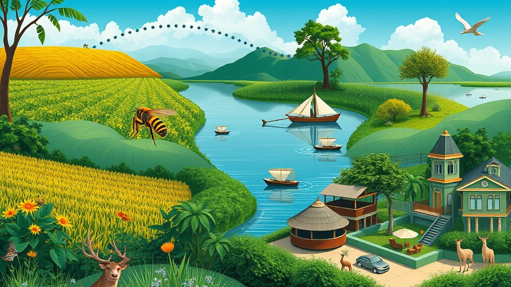 Economic landscape showing interconnection between healthy ecosystems and human prosperity: farmland with pollinators, fishing boats near productive waters, ecotourism safari scene, and urban green spaces with wildlife, composite natural imagery, no charts or text overlays
