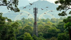 Wireless communication tower surrounded by forest canopy with birds in flight, electromagnetic waves visualized as translucent ripples, natural landscape with diverse vegetation layers, photorealistic nature scene