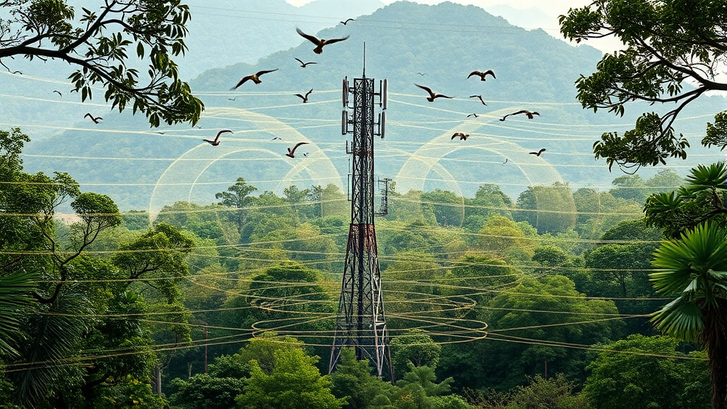 Wireless communication tower surrounded by forest canopy with birds in flight, electromagnetic waves visualized as translucent ripples, natural landscape with diverse vegetation layers, photorealistic nature scene
