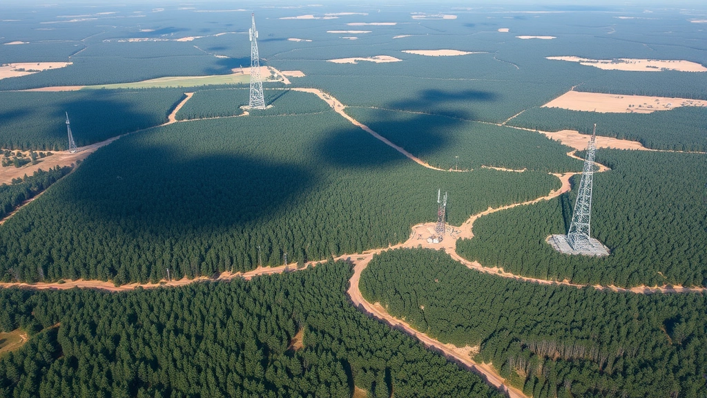 Cellular tower infrastructure in developed landscape showing habitat fragmentation patterns, cleared right-of-way corridors through forest, multiple communication structures, ecological disruption visible, photorealistic environmental impact