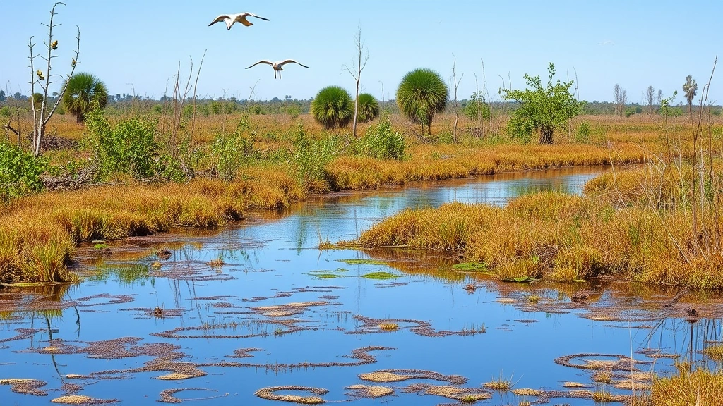 Restored wetland ecosystem with native vegetation, water reflections, birds and wildlife visible, demonstrating ecosystem recovery and natural habitat restoration, vibrant biodiversity scene, photorealistic nature restoration