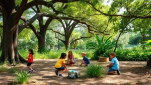 Children playing in natural outdoor learning space with trees, plants, and natural light filtering through canopy, demonstrating engaged learning in ecological environment, photorealistic, no text or labels