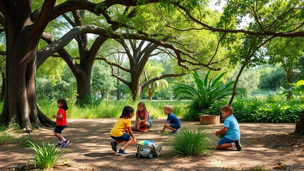 Children playing in natural outdoor learning space with trees, plants, and natural light filtering through canopy, demonstrating engaged learning in ecological environment, photorealistic, no text or labels