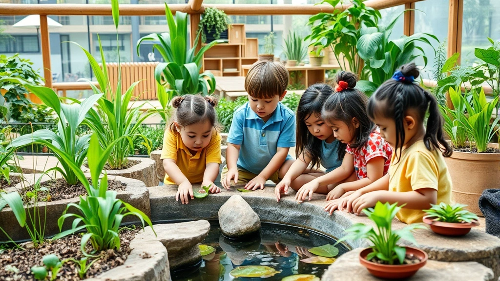 Diverse children exploring natural elements in green learning center with living plants, water features, natural materials, wooden structures, showing hands-on environmental education, photorealistic, no text